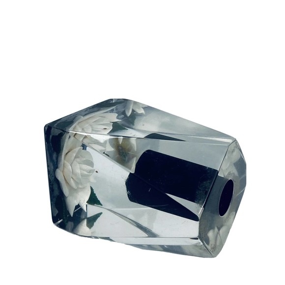 Vintage Clear Lucite Bircraft White Rose Candle Holder Paperweight USA Resin 3” - Picture 5 of 12